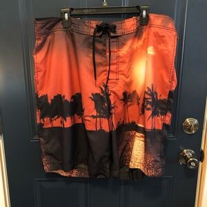 Old Navy Tropical Sunset Swim Shorts - Black and Orange With Pockets XXL